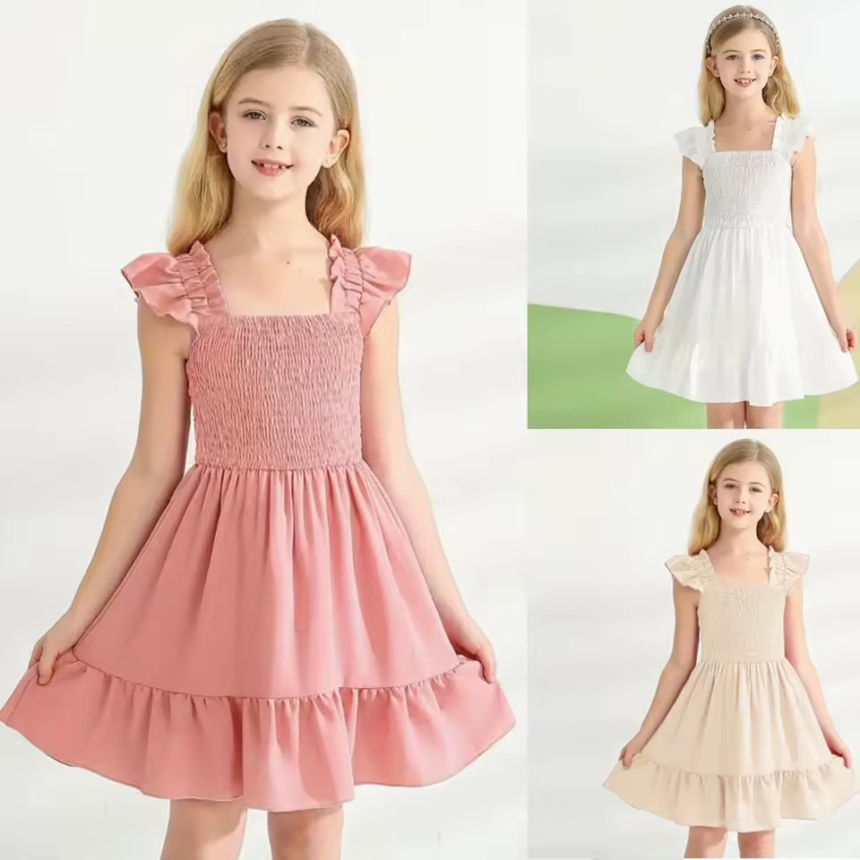 Girls Ruffle Sleeve Princess Dress Square Neck Smocked Tiered Ruffle Hem Soft Cotton Dress Casual Summer Dress For Kids 2-12Y