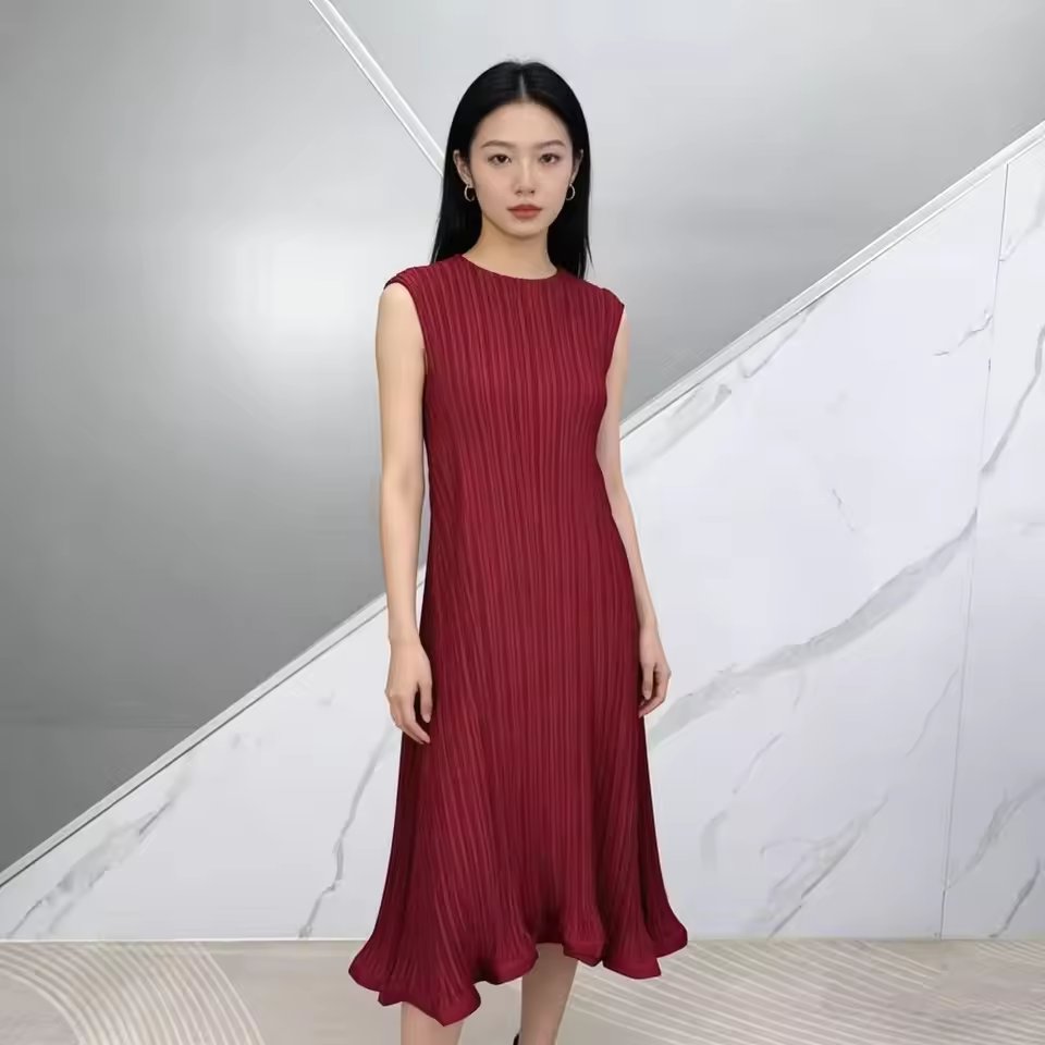 Elegant Comfortable Pleated Dress Sleeveless Elastic Skirt Business Casual City Walk A-Line Midi Skirt Polyester Fabric