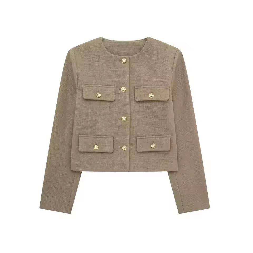 Women'S Golden Button Jacket Coat, O Neck, Long Sleeve, Female Outerwear, Chic Tops, Fashion
