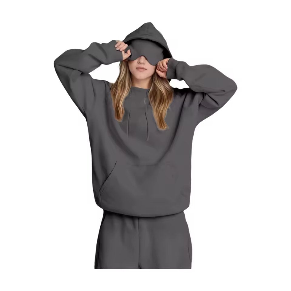 Lazy Style Hooded Eye Mask Sweatshirt Home Leisure Pure Color Versatile Outerwear Long Sleeve Zipper Closure Streetwear For T...