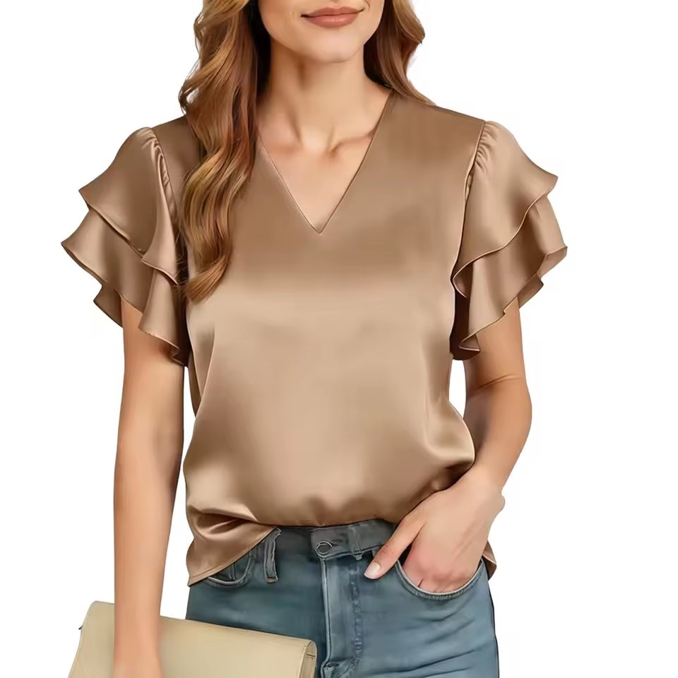 Xingqing Y2K Women Blouses Sexy Clothes Solid Color V Neck Ruffle Short Sleeve Loose Satin Shirts 2000S Clothing Streetwear