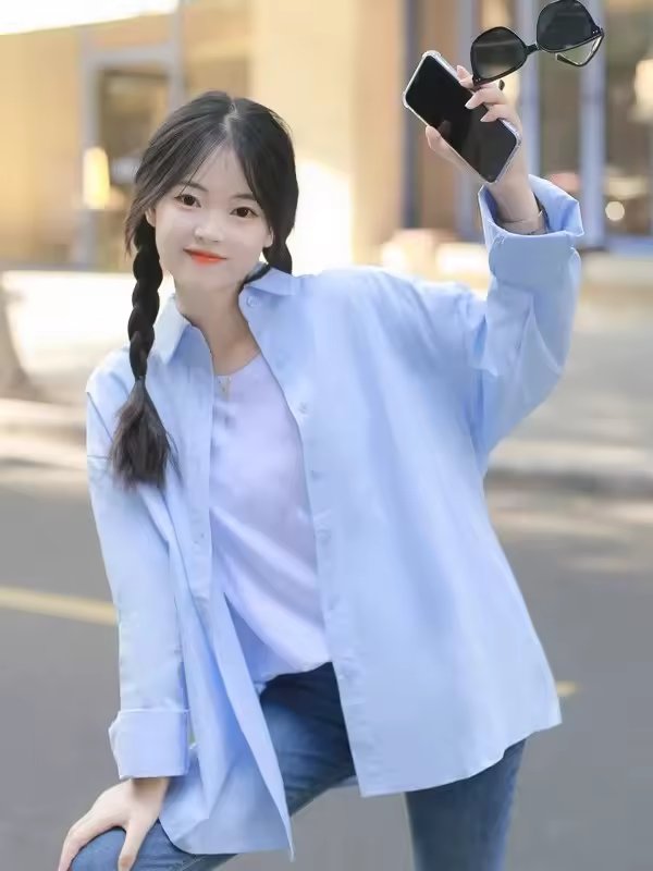 Blue Women'S Shirt Loose Long Sleeve Sun Protection Mid-Length Outerwear Lazy Style Versatile Top Korean Design Sensation