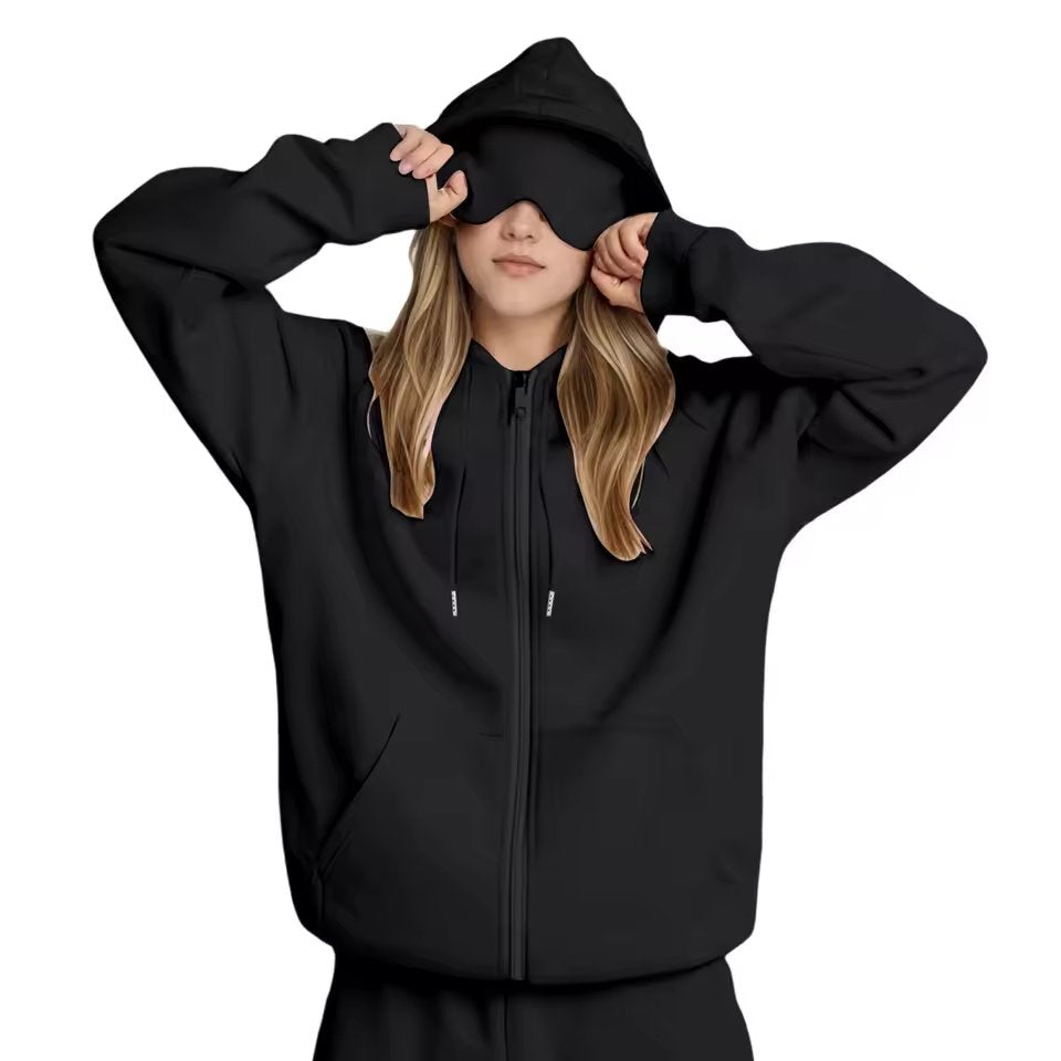 Lazy Style Hooded Eye Mask Sweatshirt Home Leisure Pure Color Versatile Outerwear Long Sleeve Zipper Closure Streetwear For T...