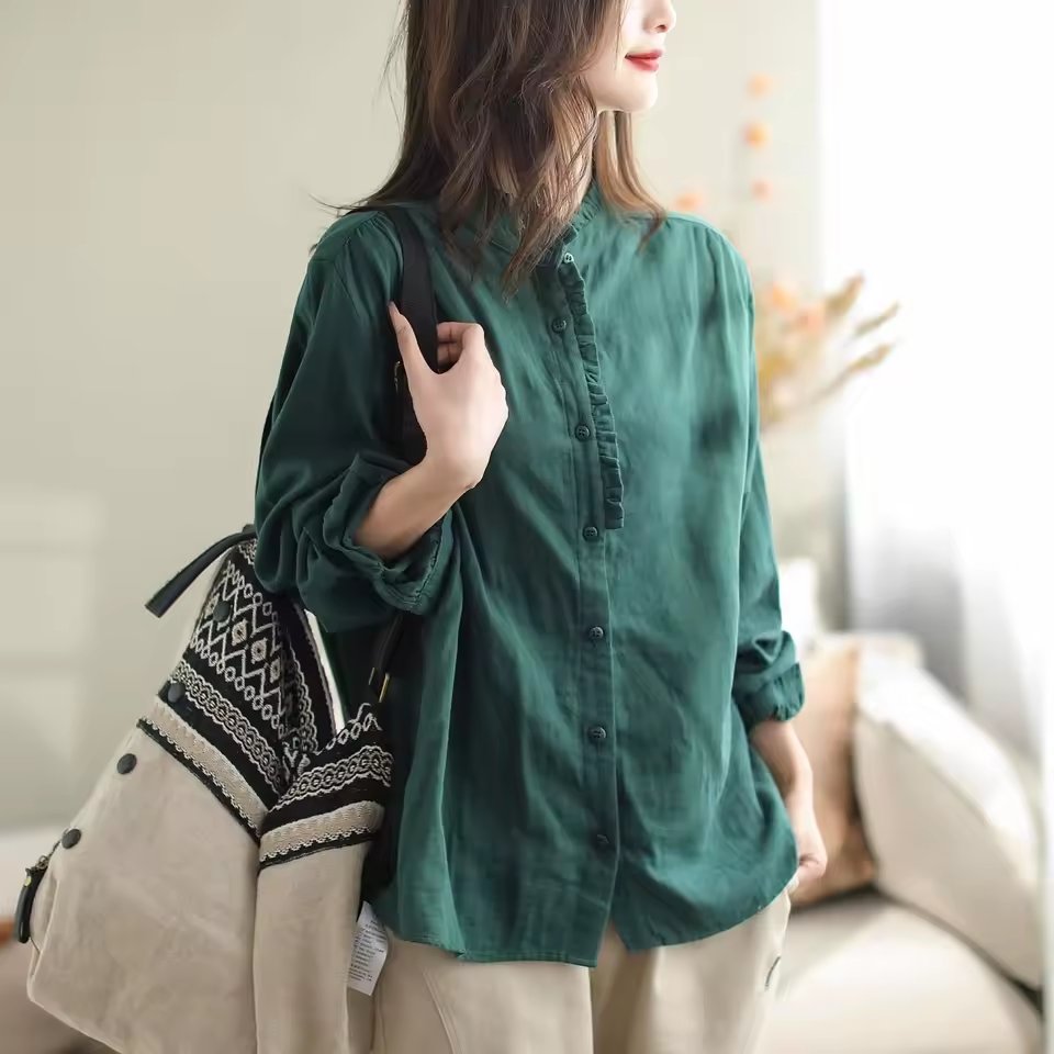 Cotton Linen Irt Women Summer Casual Loose Long Sve Ear Design Light Thin Sle Classic Collar Button Up Ladies Top