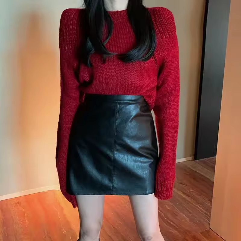 Blackmini Dress 2024 New Autumn Winter High-Waisted Slimming Apeline Skirt Women'S Clothing Pu Leather Petite Half-Length Skirt