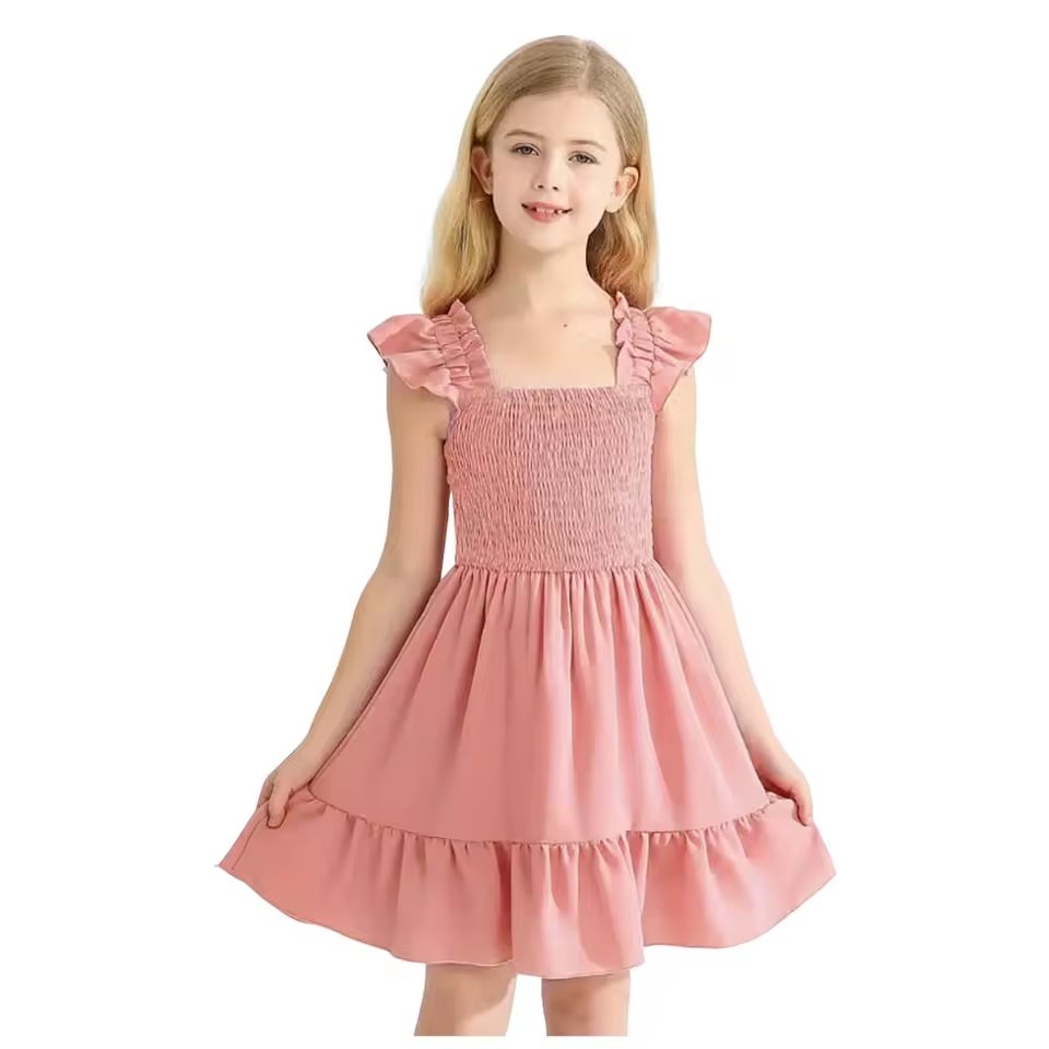 Girls Ruffle Sleeve Princess Dress Square Neck Smocked Tiered Ruffle Hem Soft Cotton Dress Casual Summer Dress For Kids 2-12Y