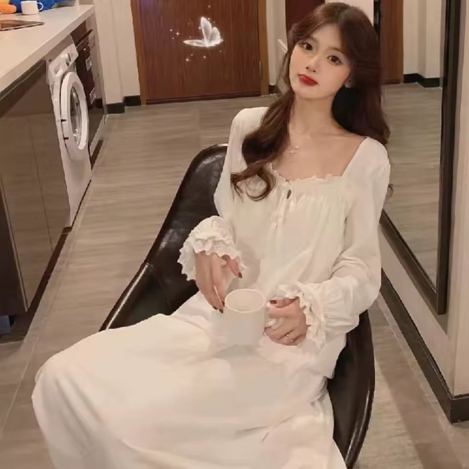 Long Sleeve Princess Style Nightdress Women'S Pajamas Lace Palace Korean Version Loose Plus Size 2024 New Homewear Birthday Gift