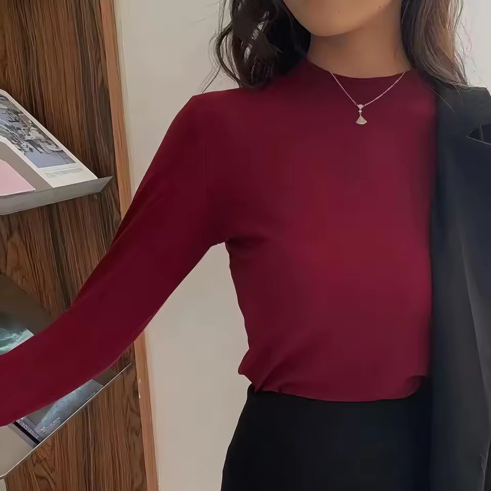 Versatile High-End Small Stand Collar Base Shirt Women'S Inner Wear Half High Collar High Quality Top Cotton Long Sleeve