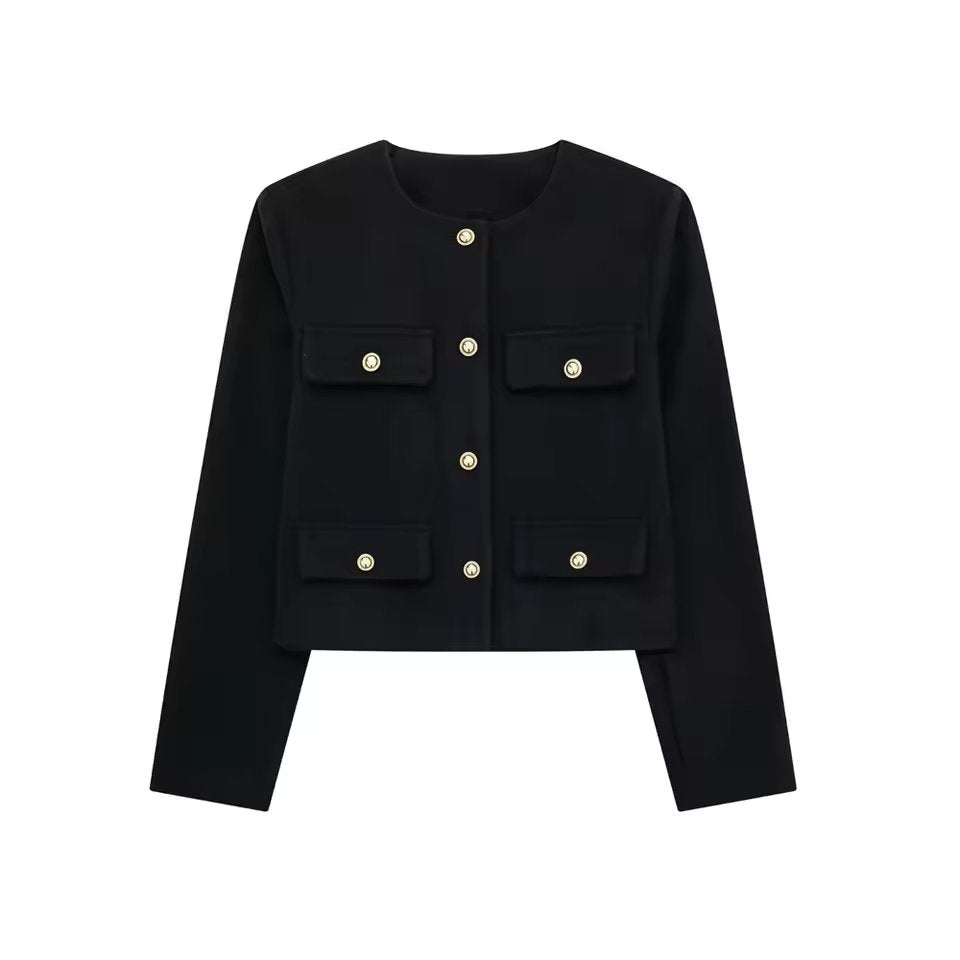 Women'S Golden Button Jacket Coat, O Neck, Long Sleeve, Female Outerwear, Chic Tops, Fashion