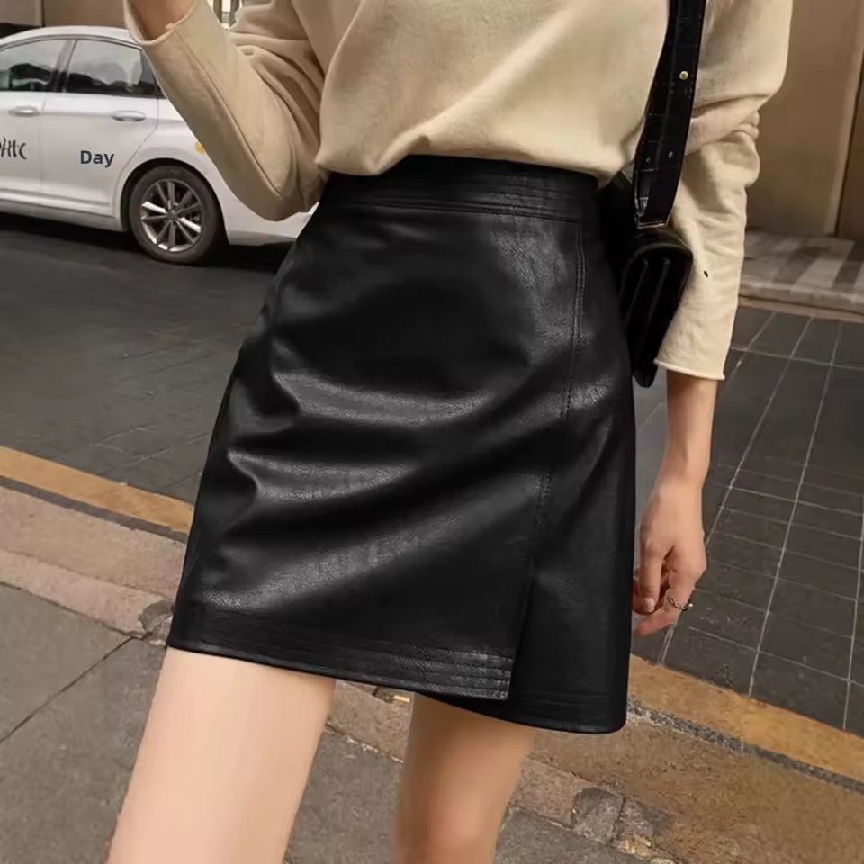 2024 New Women'S Fashionable High-Waisted Slimming Bodycon Skirt Autumn/Winter Style Irregular Side Slit Pu Leather Dress