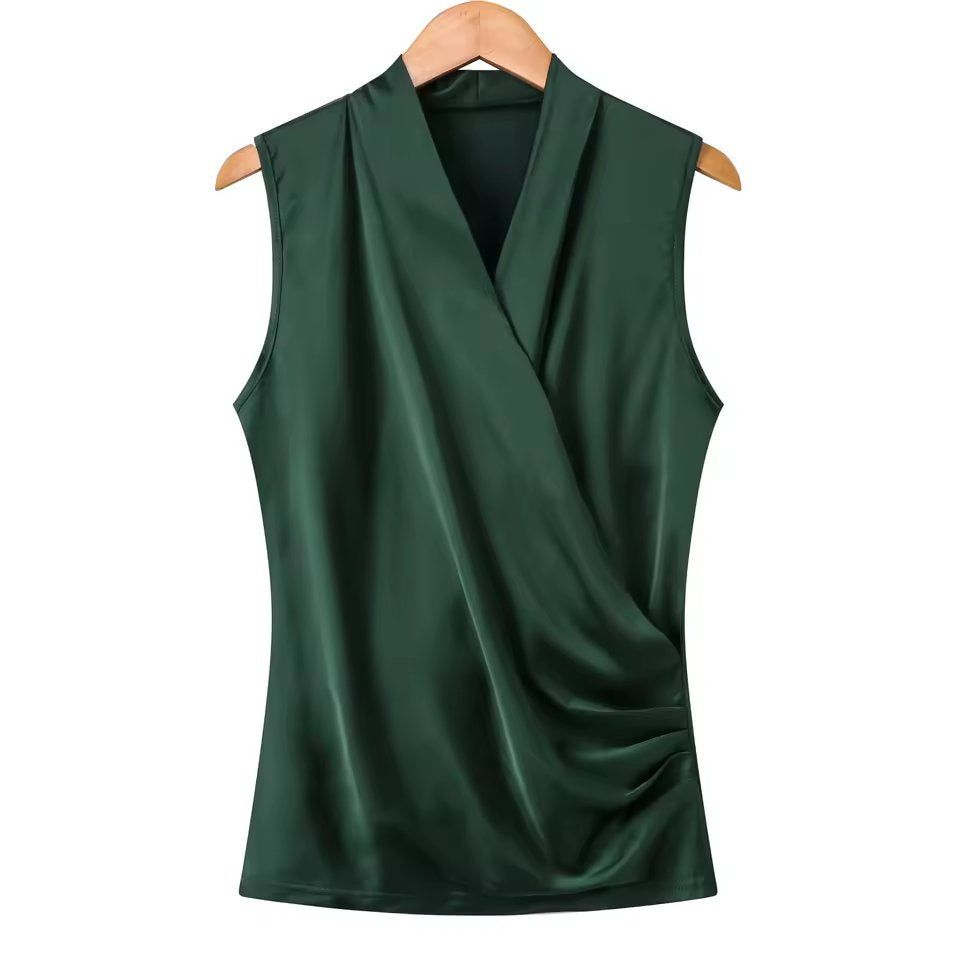 New Smooth Satin Female Sleeveless Blouse V-Neck Top Slim Fit Outside Shirts