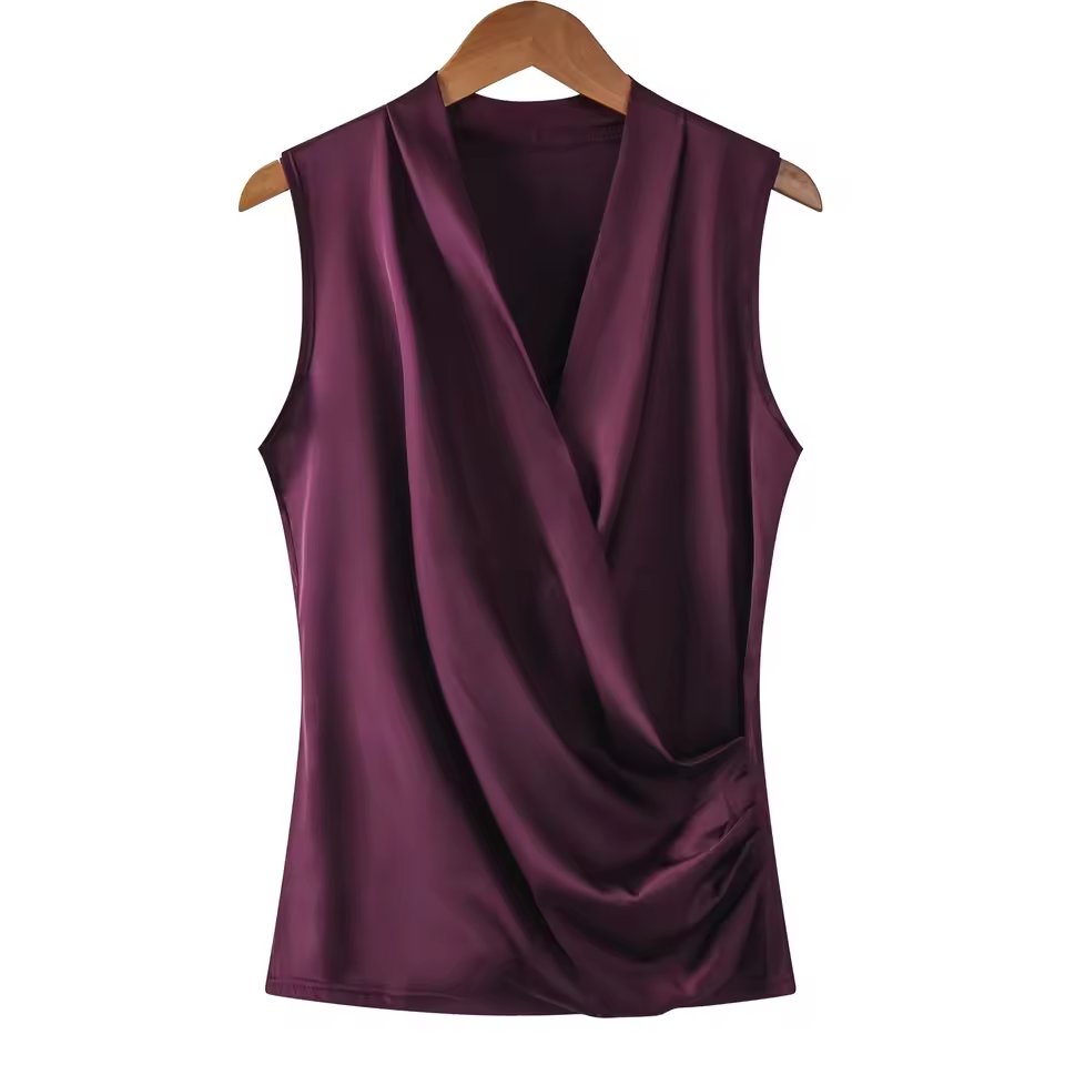 New Smooth Satin Female Sleeveless Blouse V-Neck Top Slim Fit Outside Shirts
